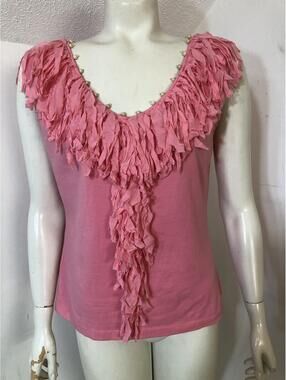 Michael Simon Womens Large Slim Pink Sleeveless Fringed Knit Top Beaded Neck